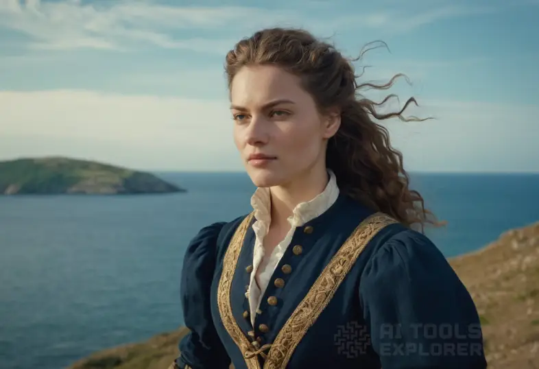 Free AI generated image of a female explorer on a seaside hill