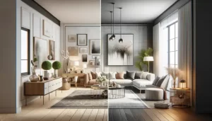 Example of AI Virtual Staging. A room split in half with different designs.