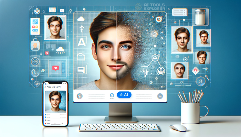Computer screen with a face swap AI tool showing split face with different features