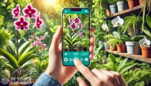 lush garden. a person using a smartphone to identify a plant with ChatGPT