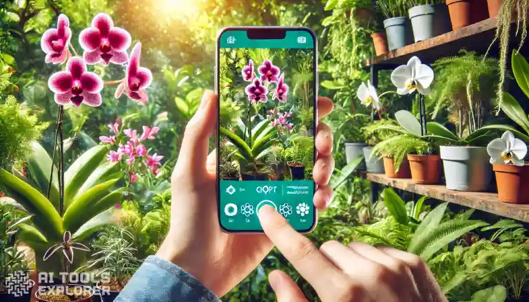 lush garden. a person using a smartphone to identify a plant with ChatGPT
