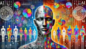 A visually compelling digital artwork representing bias in AI algorithms. The image features a humanoid robot or AI figure split into two distinct halves.
