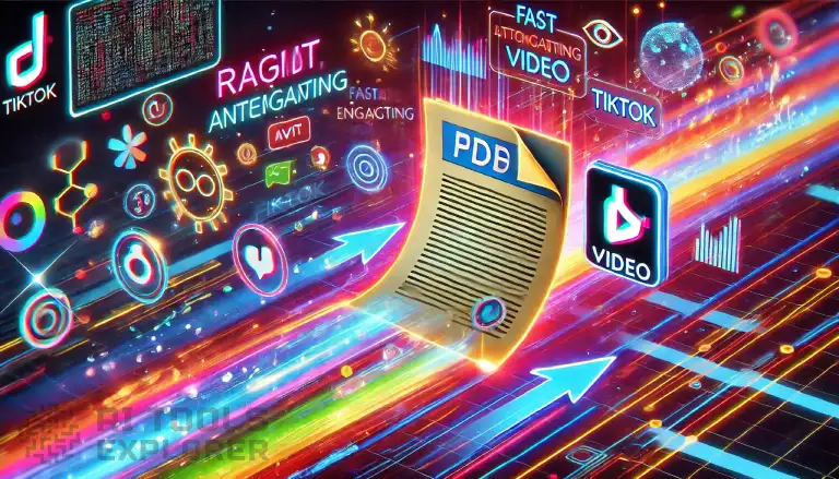 Colorful digital illustration of a PDF to Brainrot transformation into a fast-paced TikTok-style video. The futuristic, neon cyber-themed background features motion blur and glowing AI processing effects. The document evolves into an animated video player with dynamic text, emojis, and engaging visuals, highlighting key points with flashy animations and a play button.