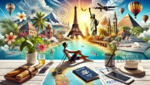 a relaxed traveler sitting at a table with a map, passport, smartphone, and travel itinerary in front of them. In the background, there's a dreamy collage of famous global destinations like the Eiffel Tower, tropical beaches, ancient pyramids, and scenic mountain landscapes.